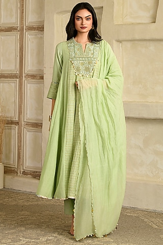Pista Green Chanderi Tissue Silk Hand Embroidered Anarkali Set by Saahiil Kapoor