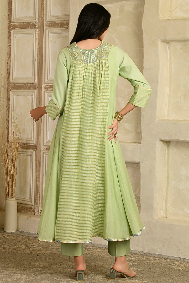 Pista Green Chanderi Tissue Silk Hand Embroidered Wedding Anarkali Set by Saahiil Kapoor at Pernia's Pop Up Shop