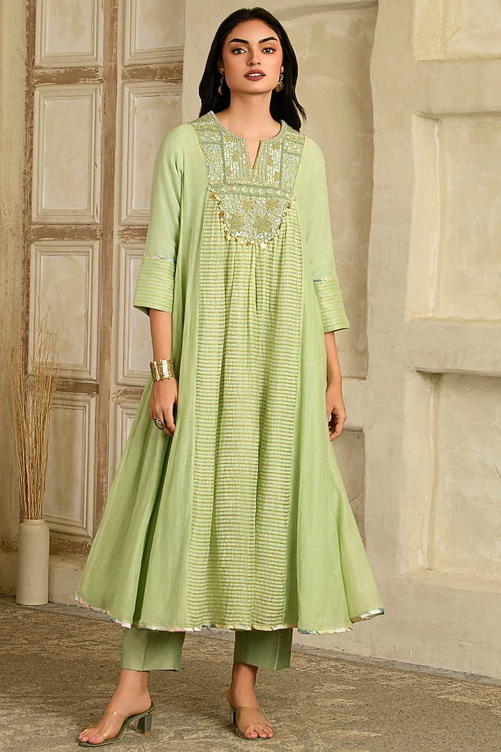 Pista Green Chanderi Tissue Silk Hand Embroidered Wedding Anarkali Set by Saahiil Kapoor at Pernia's Pop Up Shop