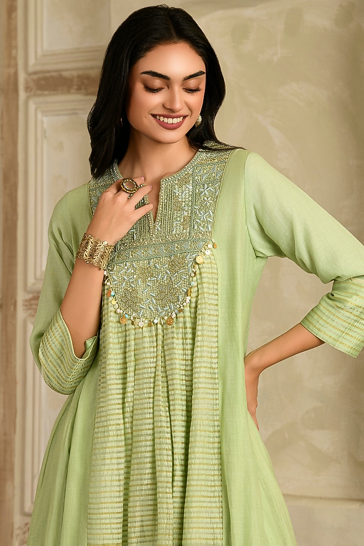 Pista Green Chanderi Tissue Silk Hand Embroidered Wedding Anarkali Set by Saahiil Kapoor at Pernia's Pop Up Shop