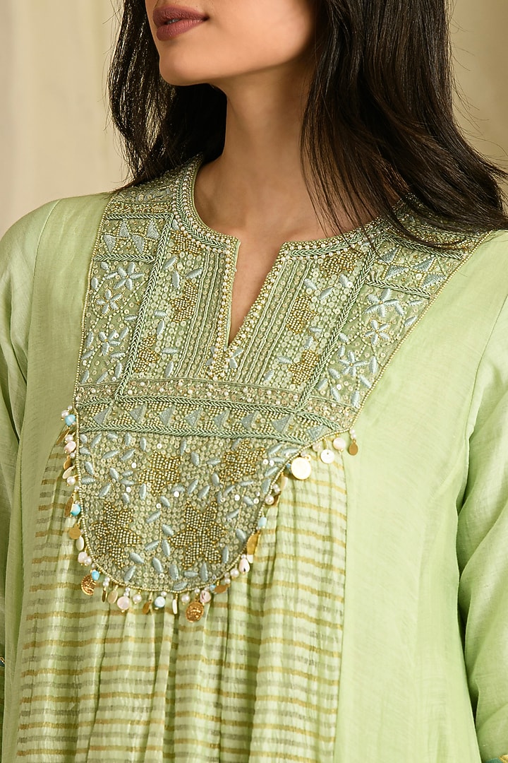 Pista Green Chanderi Tissue Silk Hand Embroidered Wedding Anarkali Set by Saahiil Kapoor at Pernia's Pop Up Shop