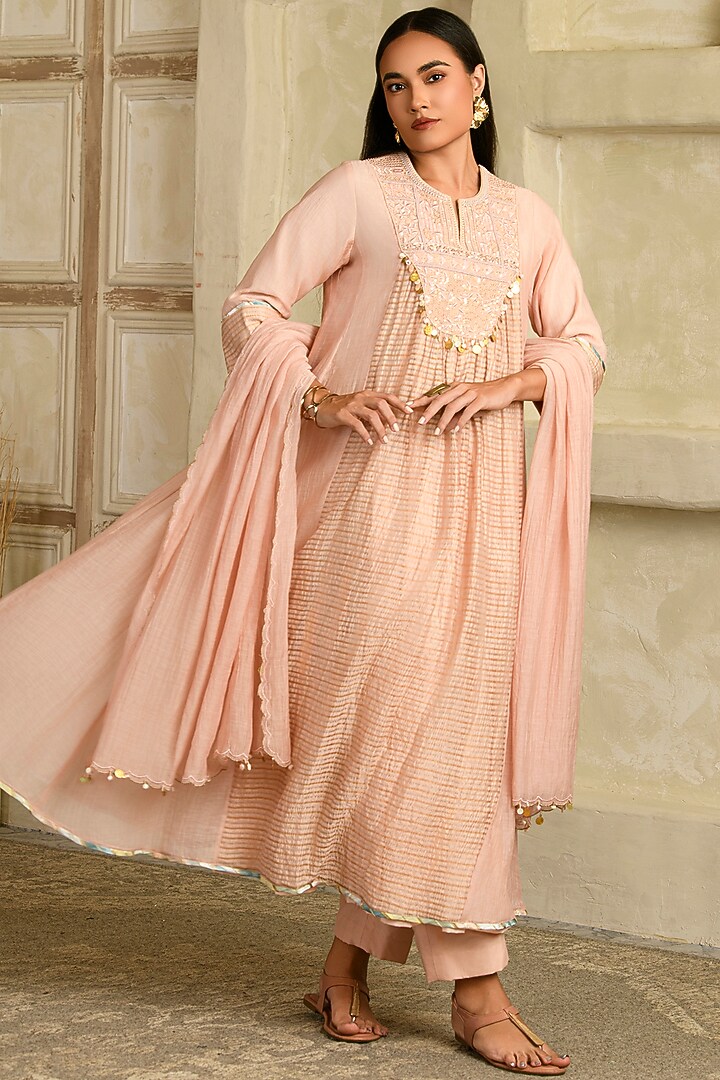 Blush Pink Chanderi Tissue Silk Hand Embroidered Wedding Anarkali Set by Saahiil Kapoor at Pernia's Pop Up Shop