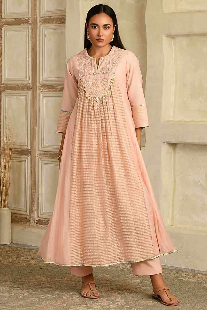 Blush Pink Chanderi Tissue Silk Hand Embroidered Wedding Anarkali Set by Saahiil Kapoor at Pernia's Pop Up Shop