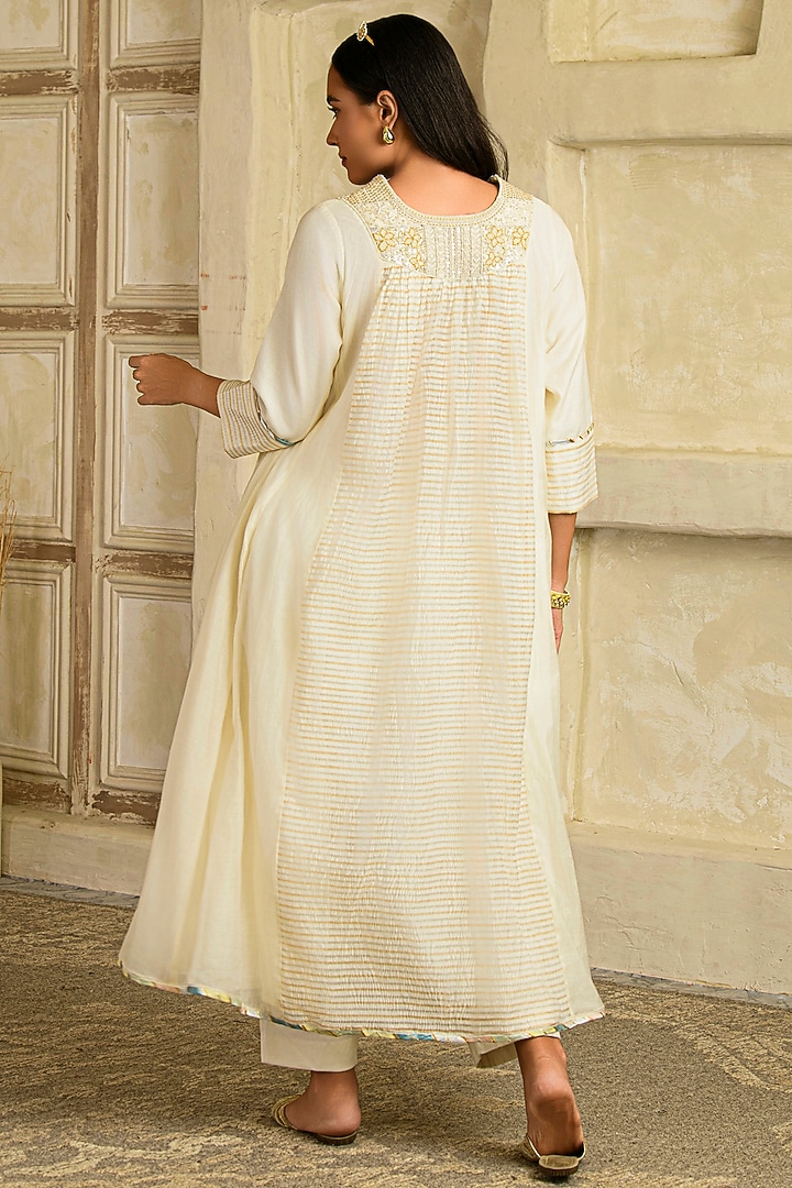Ivory Chanderi Tissue Silk Hand Embroidered Wedding Anarkali Set by Saahiil Kapoor at Pernia's Pop Up Shop