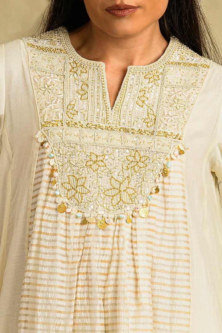 Ivory Chanderi Tissue Silk Hand Embroidered Wedding Anarkali Set by Saahiil Kapoor at Pernia's Pop Up Shop