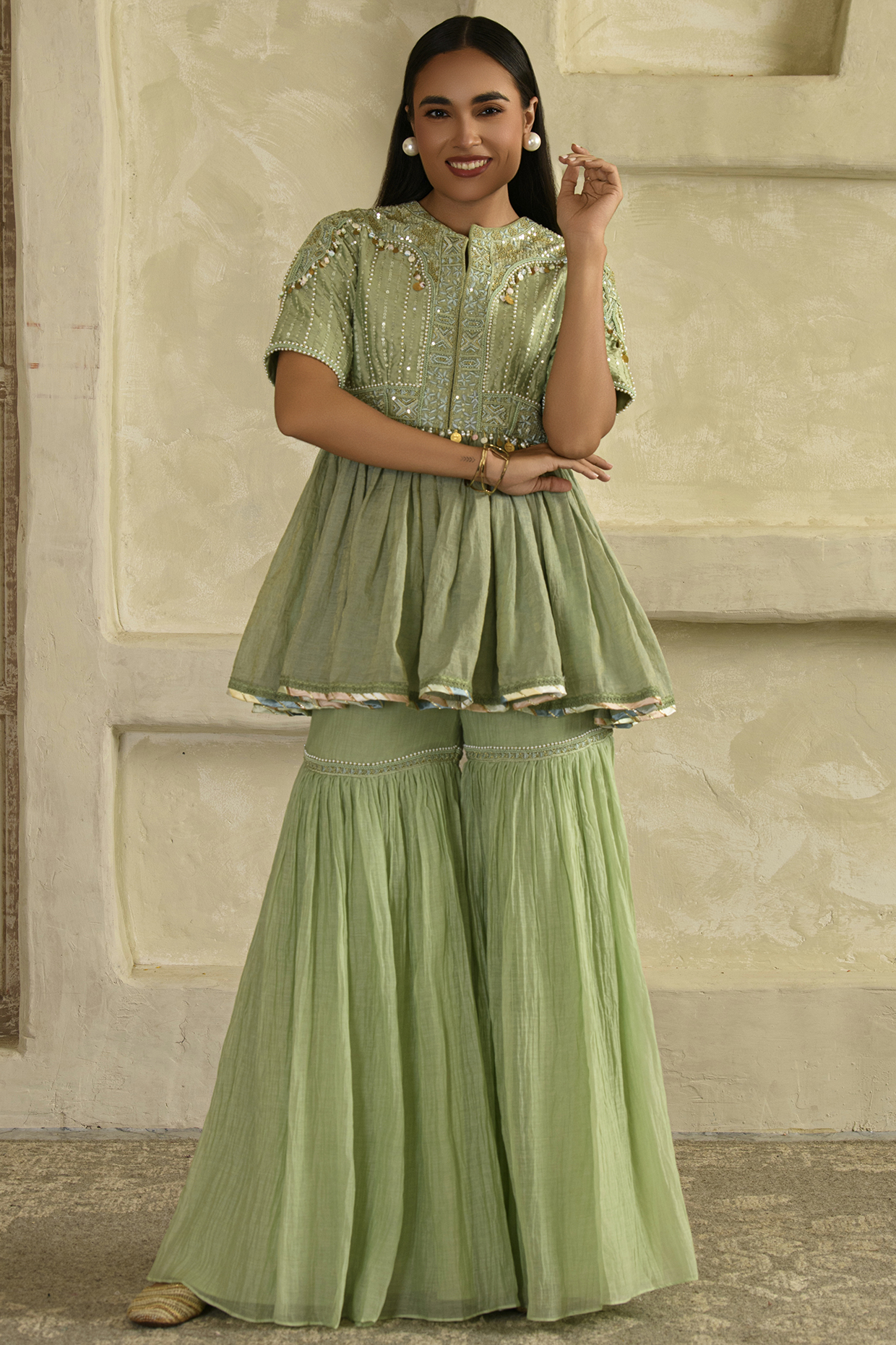 Pista Green Mul Chanderi Gharara Set by Saahiil Kapoor at Pernia's Pop Up Shop