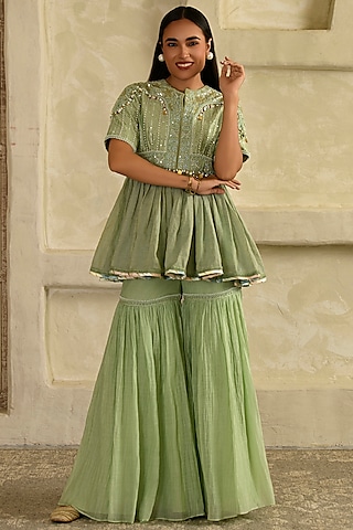 Pista Green Mul Chanderi Gharara Set by Saahiil Kapoor