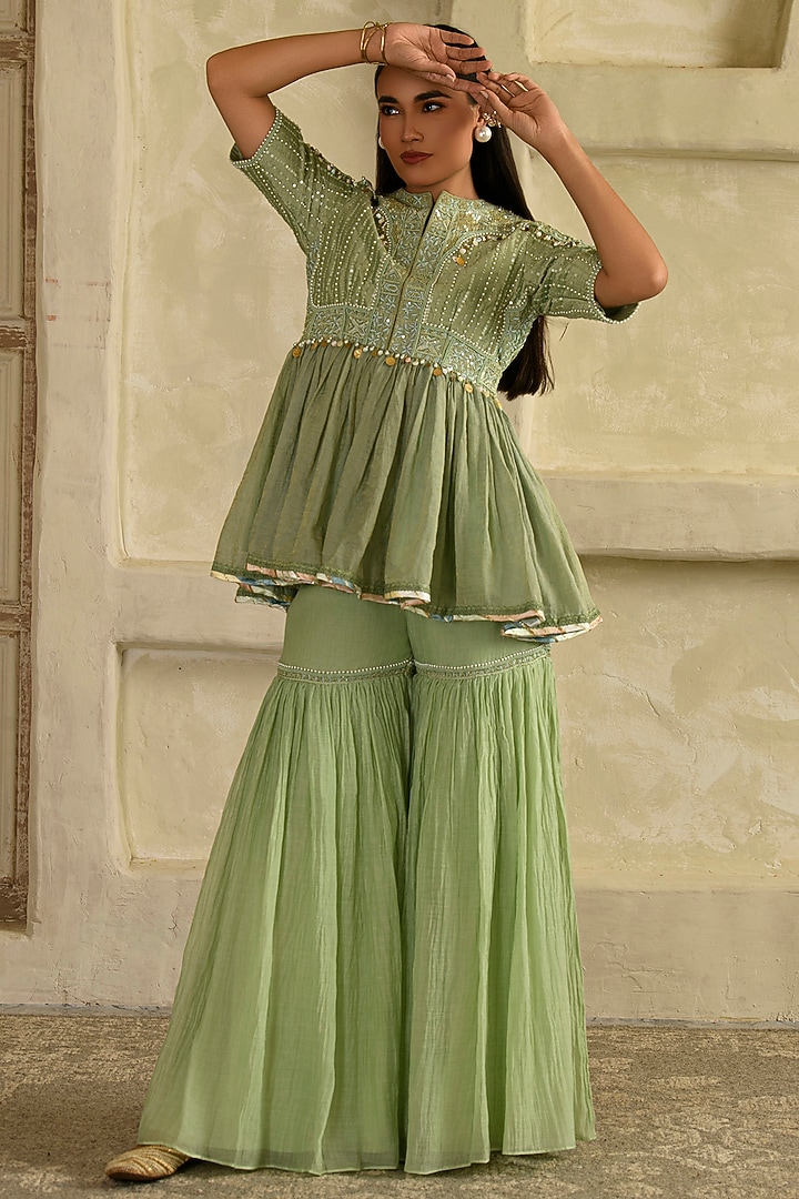Pista Green Mul Chanderi Gharara Set by Saahiil Kapoor at Pernia's Pop Up Shop