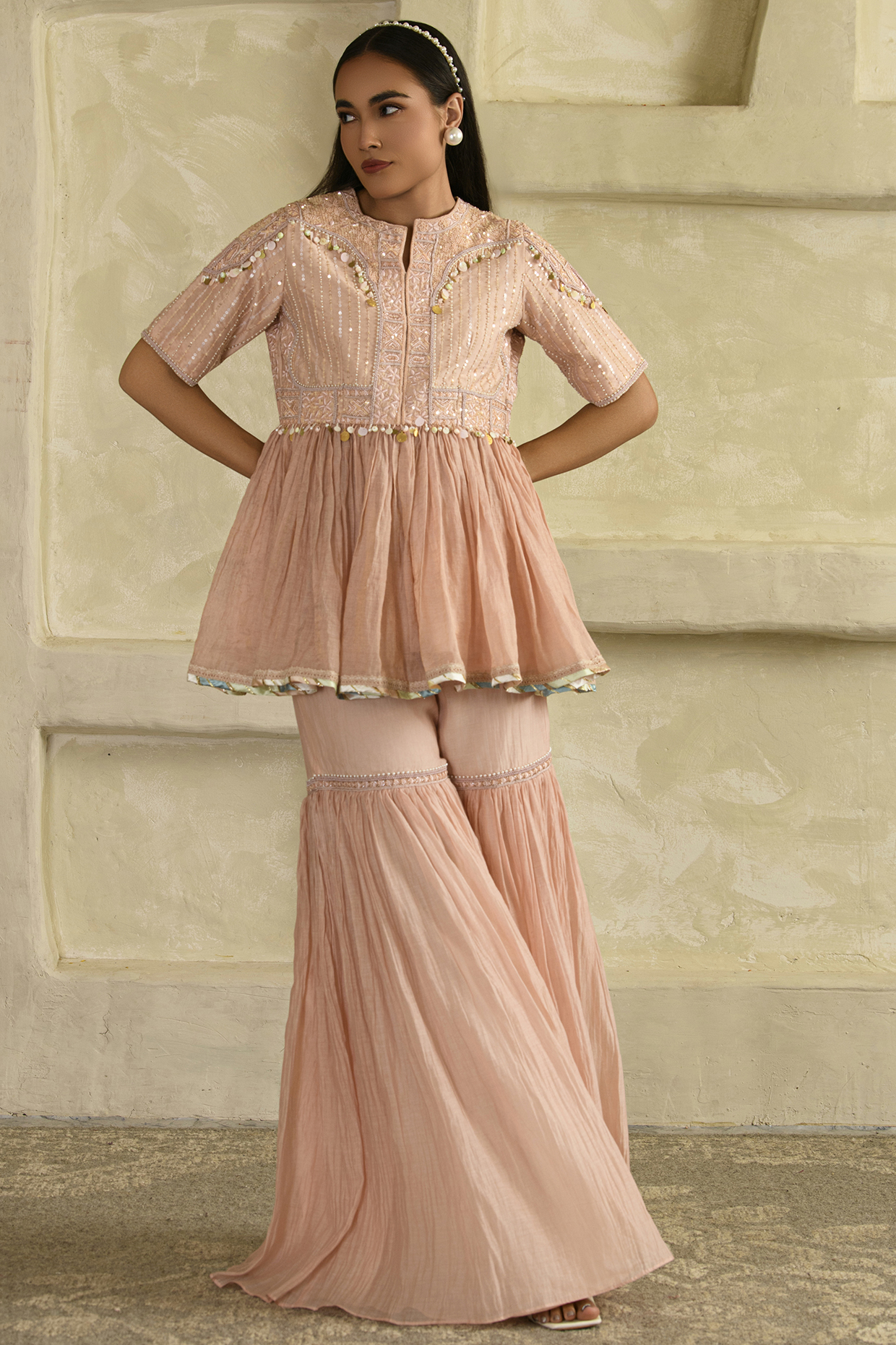 Blush Pink Mul Chanderi Gharara Set by Saahiil Kapoor at Pernia's Pop Up Shop