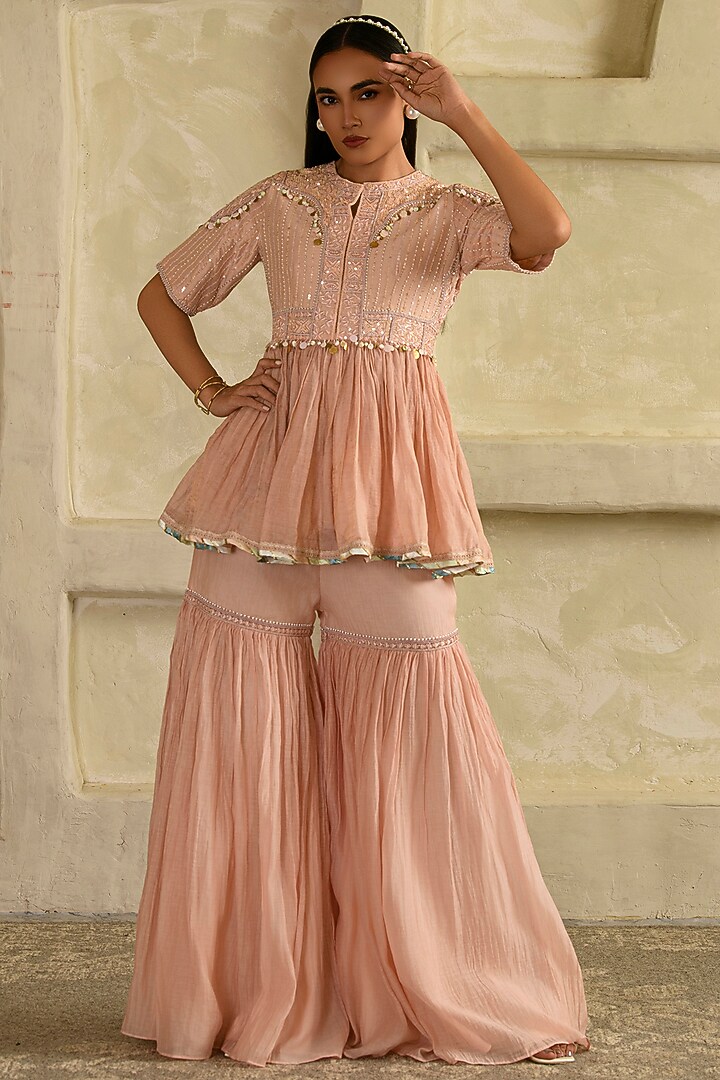 Blush Pink Mul Chanderi Gharara Set by Saahiil Kapoor at Pernia's Pop Up Shop