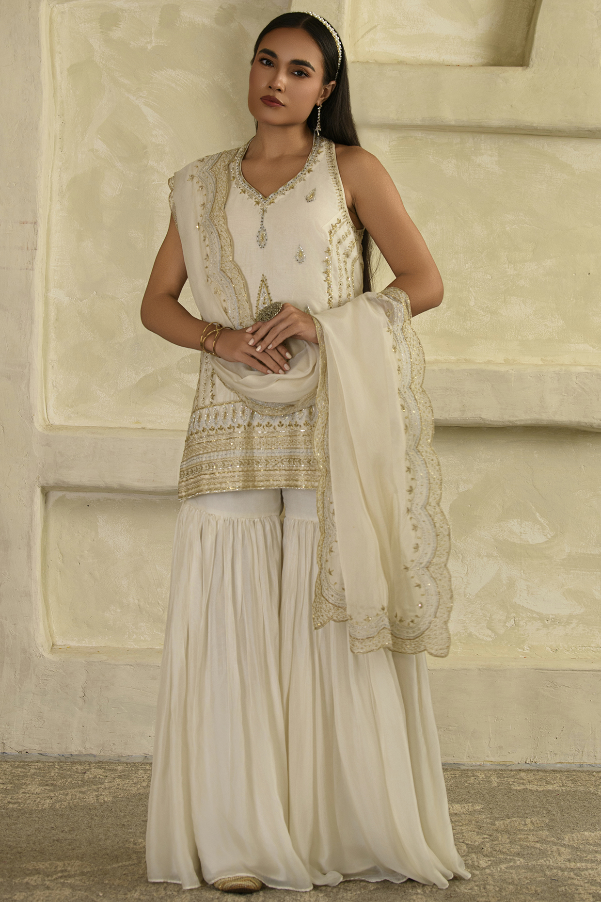 Ivory Tabby Chanderi Gharara Set by Saahiil Kapoor at Pernia's Pop Up Shop