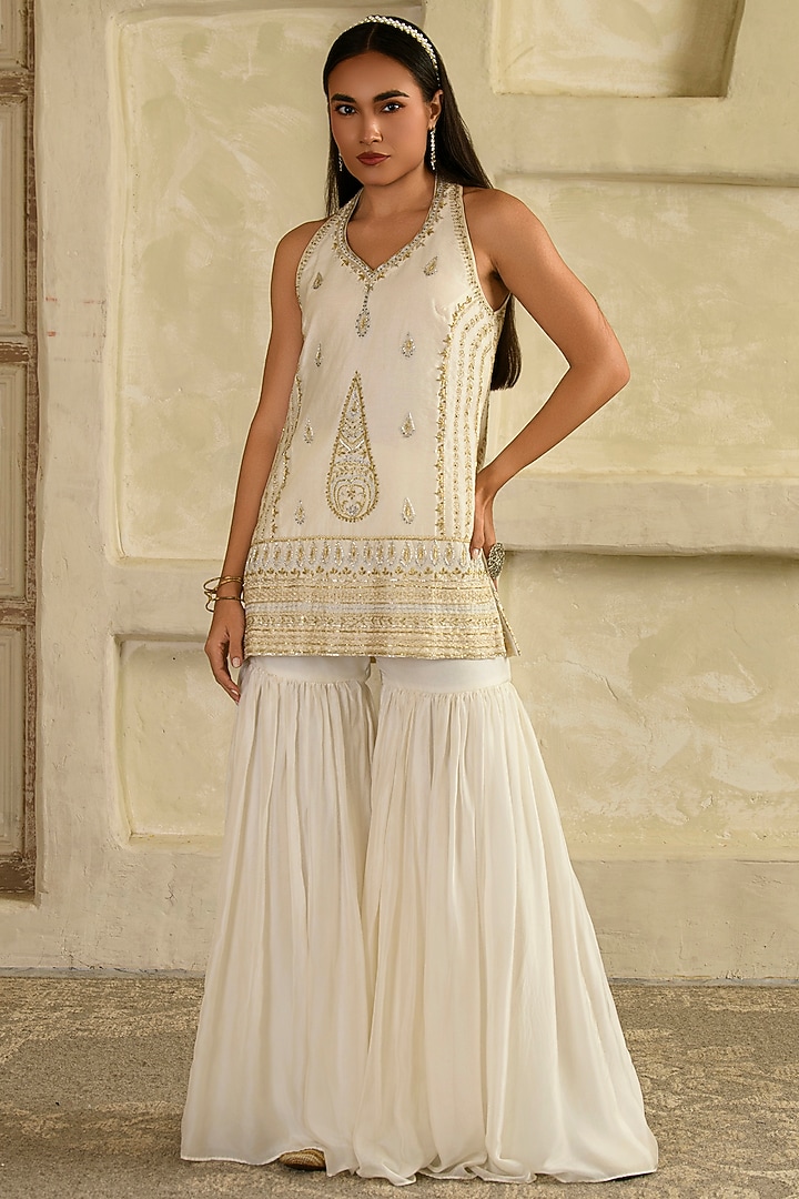 Ivory Tabby Chanderi Gharara Set by Saahiil Kapoor at Pernia's Pop Up Shop