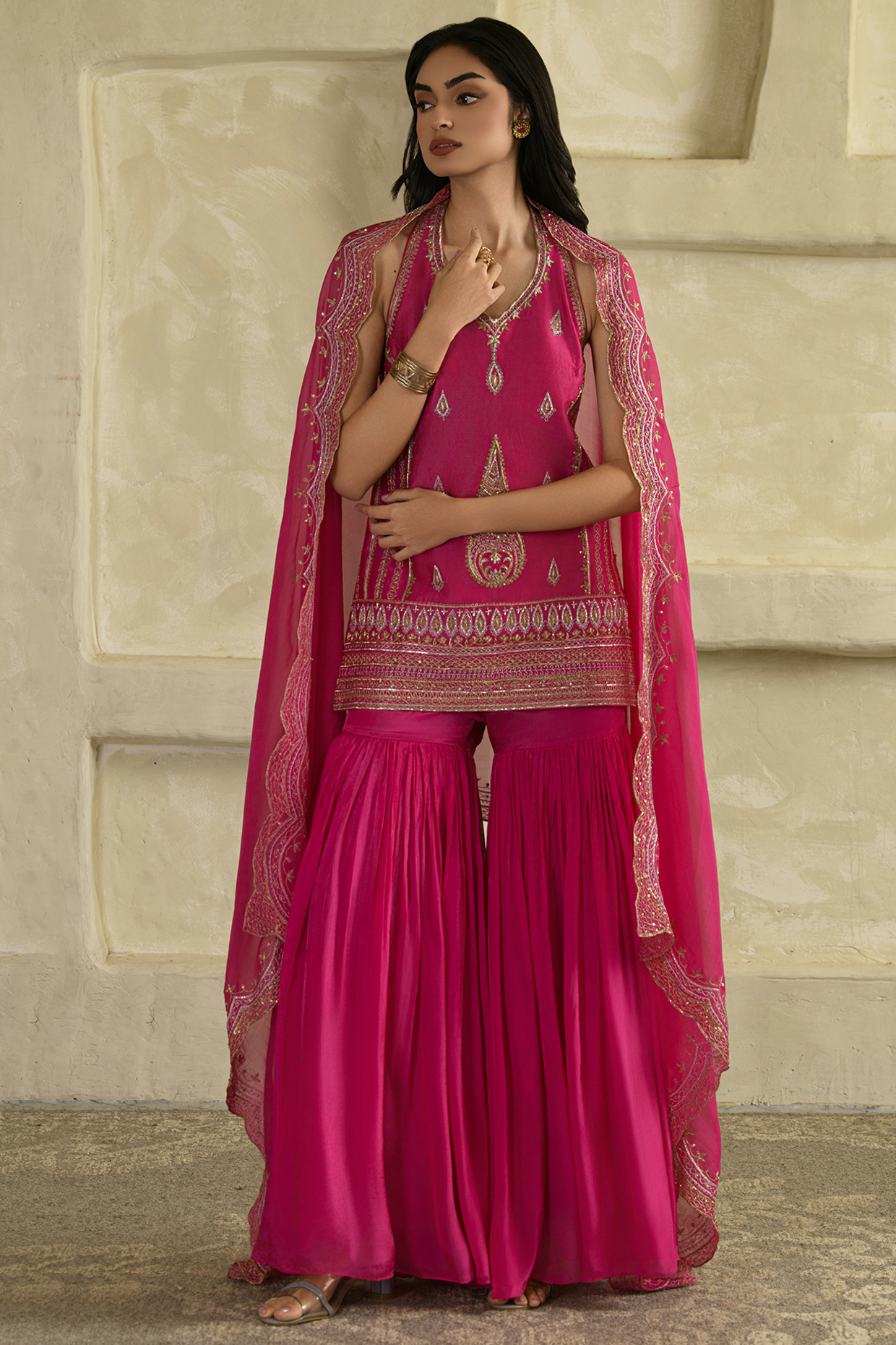 Pink Tabby Chanderi Gharara Set by Saahiil Kapoor at Pernia's Pop Up Shop