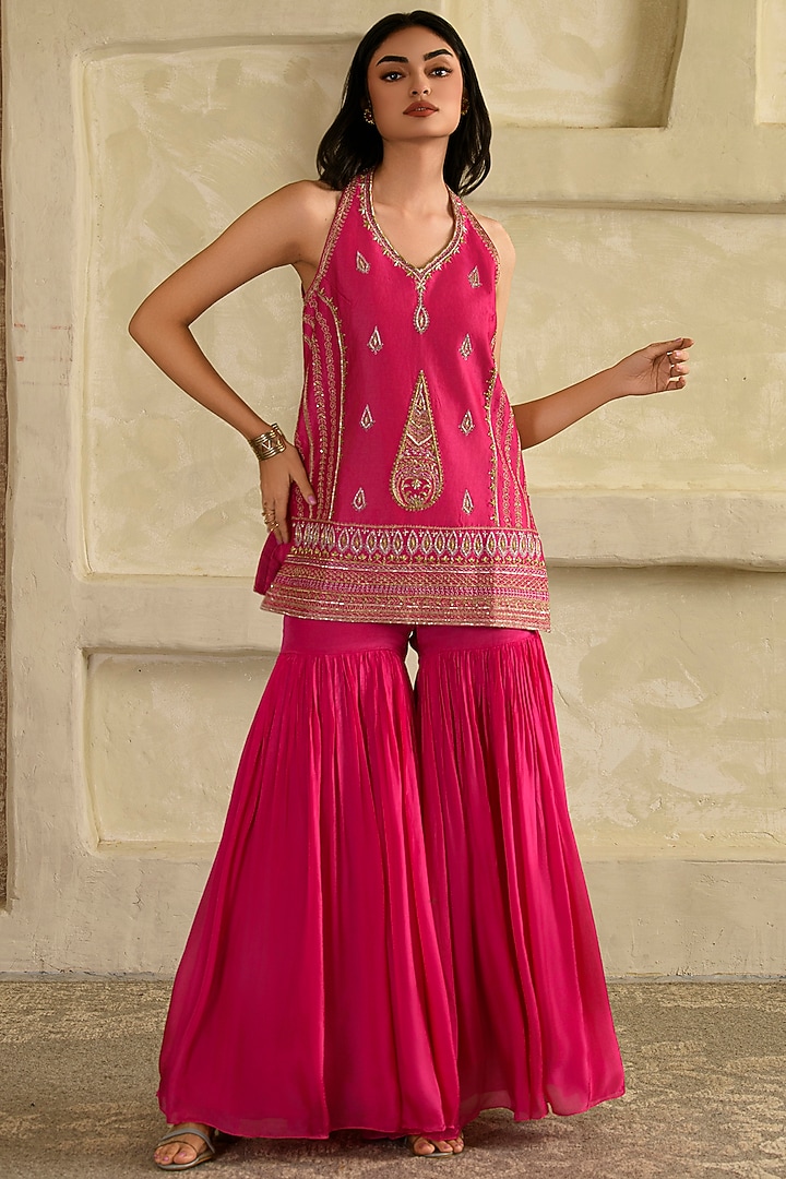 Pink Tabby Chanderi Gharara Set by Saahiil Kapoor at Pernia's Pop Up Shop