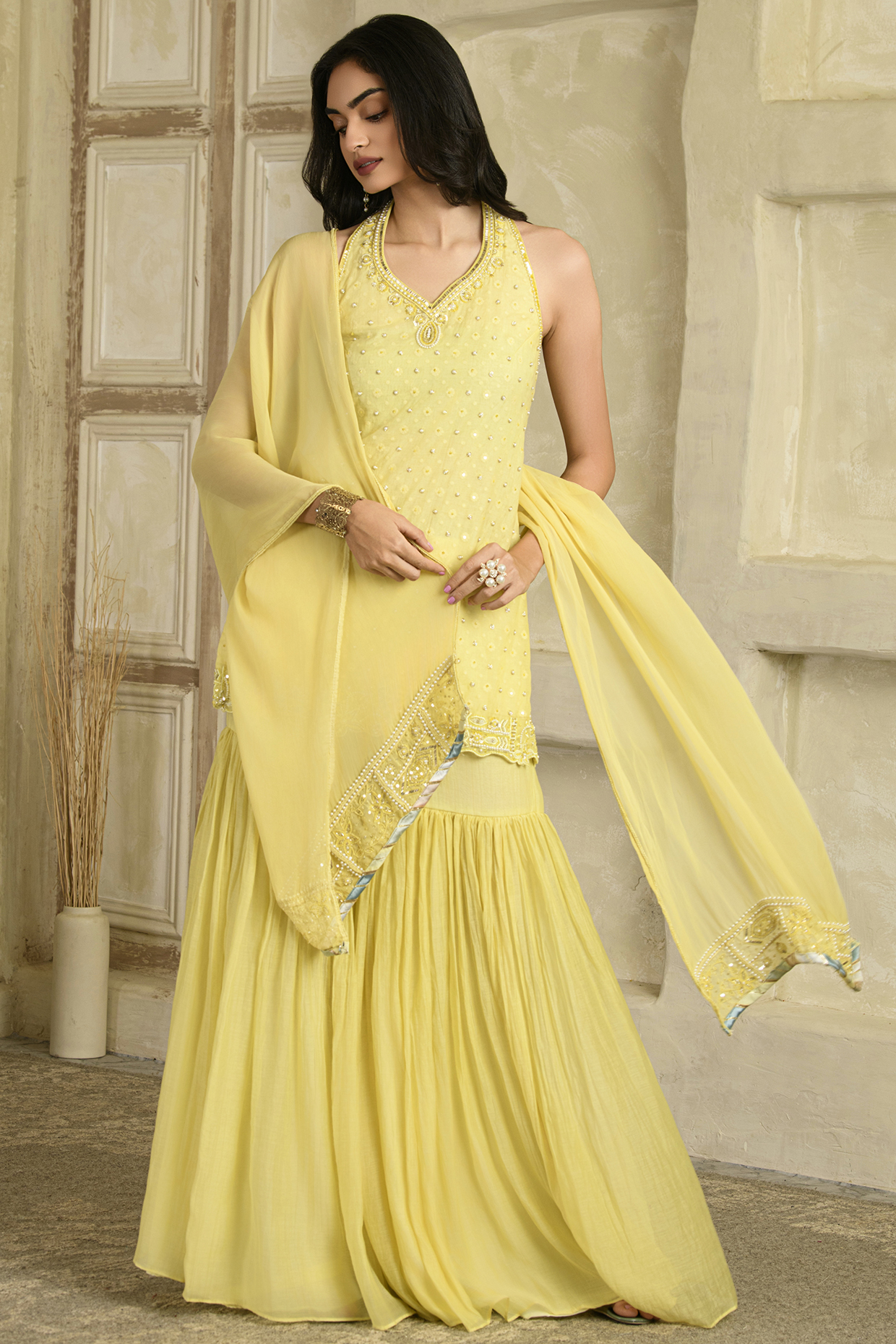 Yellow Self Chanderi Gharara Set by Saahiil Kapoor at Pernia's Pop Up Shop