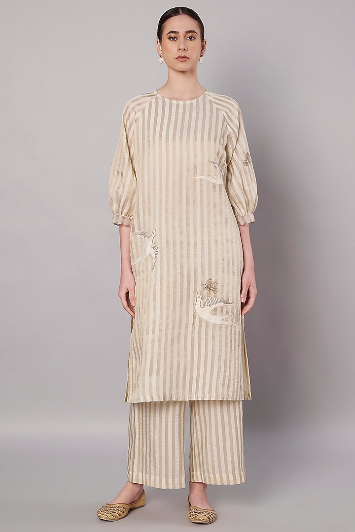 Ivory Tissue Striped Kurta Set by Saahiil Kapoor at Pernia's Pop Up Shop