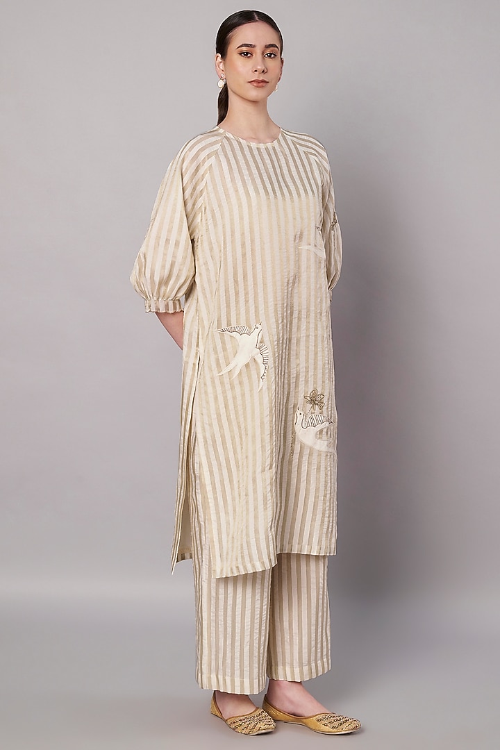 Ivory Tissue Striped Kurta Set by Saahiil Kapoor at Pernia's Pop Up Shop