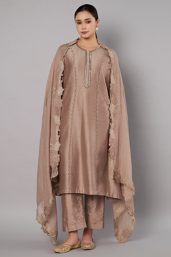 Taupe Chanderi Beadwork Kurta Set by Saahiil Kapoor at Pernia's Pop Up Shop