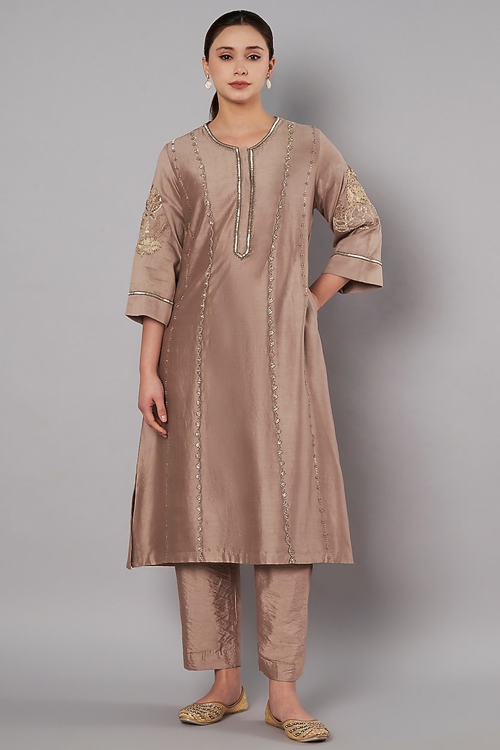 Taupe Chanderi Beadwork Kurta Set by Saahiil Kapoor at Pernia's Pop Up Shop