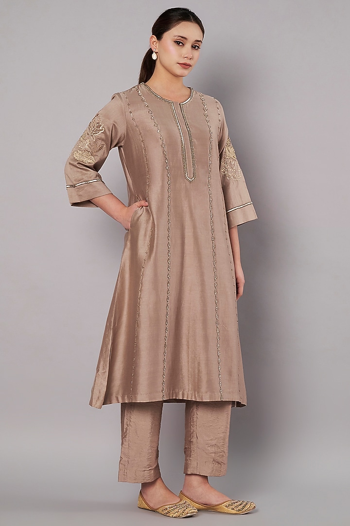 Taupe Chanderi Beadwork Kurta Set by Saahiil Kapoor at Pernia's Pop Up Shop