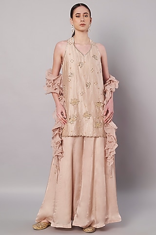 Champagne Satin Organza Sharara Set by Saahiil Kapoor