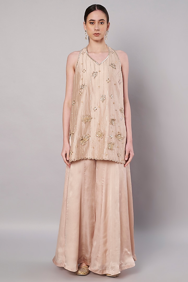 Champagne Satin Organza Party Wear Sharara Set by Saahiil Kapoor at Pernia's Pop Up Shop
