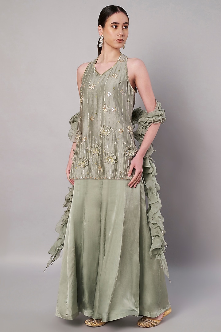 Moss Green Satin Organza Party Wear Sharara Set by Saahiil Kapoor at Pernia's Pop Up Shop