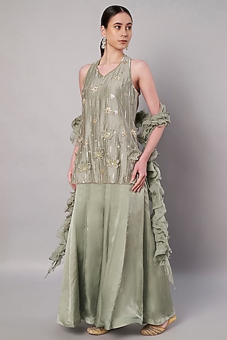 Moss Green Satin Organza Sharara Set by Saahiil Kapoor