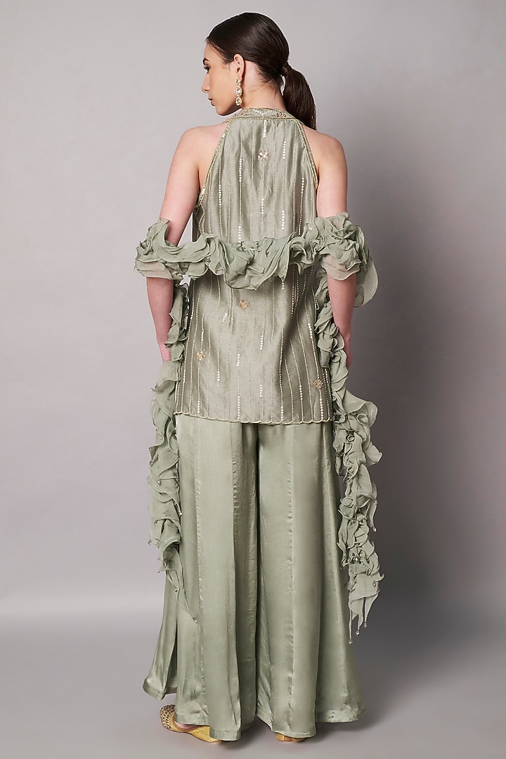 Moss Green Satin Organza Party Wear Sharara Set by Saahiil Kapoor at Pernia's Pop Up Shop