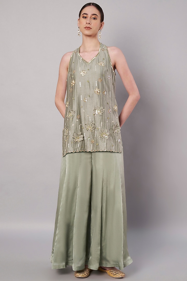 Moss Green Satin Organza Party Wear Sharara Set by Saahiil Kapoor at Pernia's Pop Up Shop