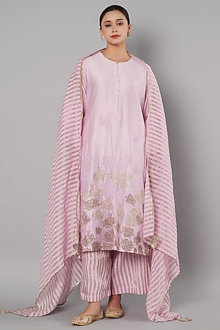 Pastel Lilac Chanderi Hand Embroidered Kurta Set by Saahiil Kapoor