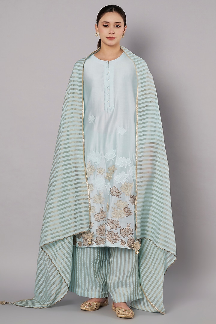 Ice Blue Chanderi Hand Embroidered Kurta Set by Saahiil Kapoor at Pernia's Pop Up Shop