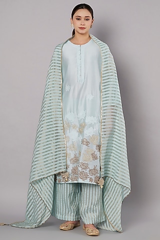 Ice Blue Chanderi Hand Embroidered Kurta Set by Saahiil Kapoor