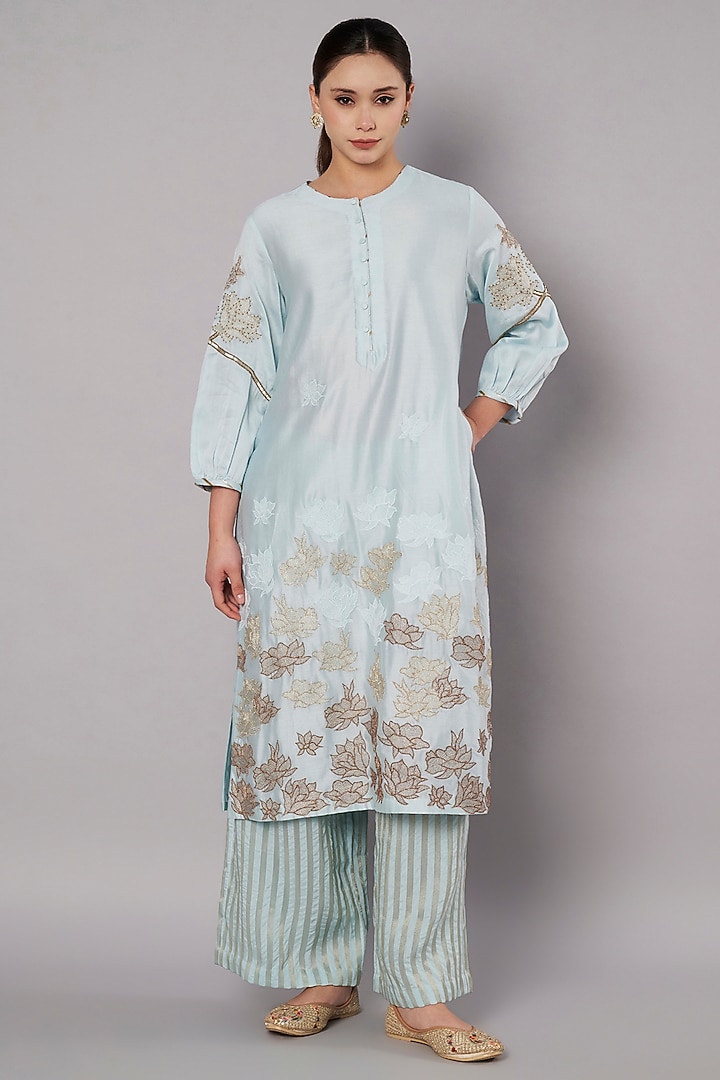 Ice Blue Chanderi Hand Embroidered Kurta Set by Saahiil Kapoor at Pernia's Pop Up Shop