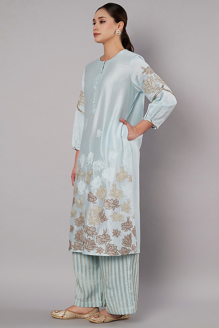 Ice Blue Chanderi Hand Embroidered Kurta Set by Saahiil Kapoor at Pernia's Pop Up Shop