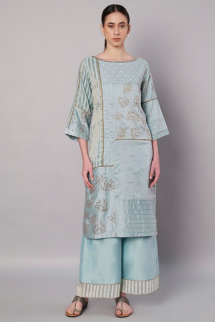 Ice Blue Chanderi Hand Embroidered Kurta Set by Saahiil Kapoor at Pernia's Pop Up Shop