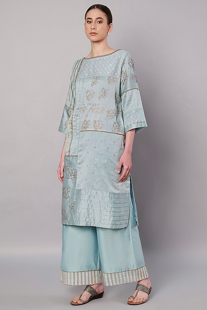 Ice Blue Chanderi Hand Embroidered Kurta Set by Saahiil Kapoor at Pernia's Pop Up Shop