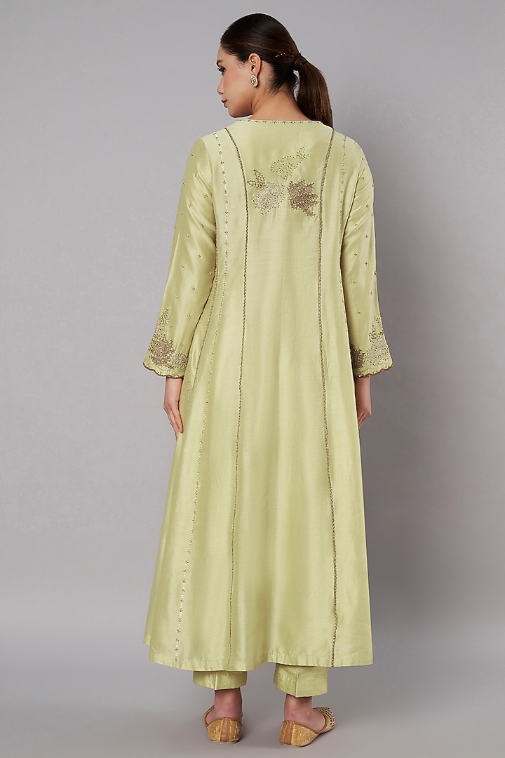 Soft Lime Chanderi Hand Embroidered Kurta Set by Saahiil Kapoor at Pernia's Pop Up Shop