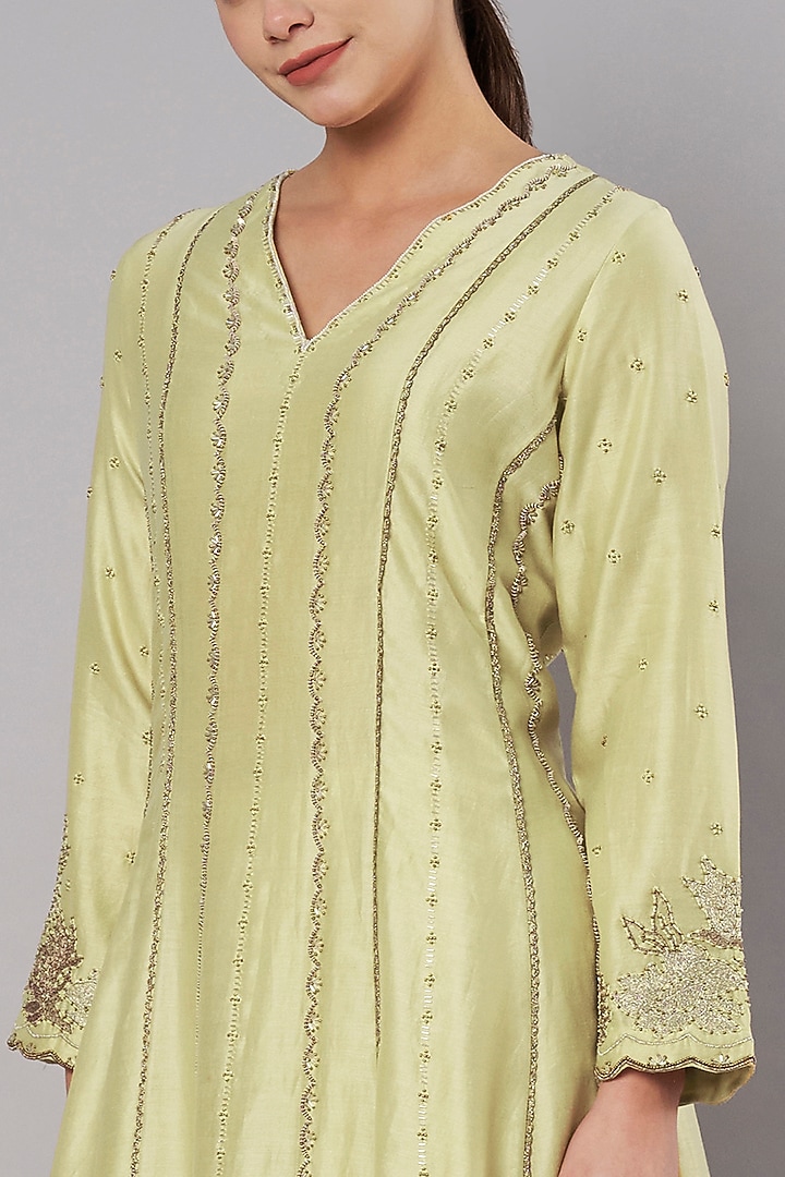 Soft Lime Chanderi Hand Embroidered Kurta Set by Saahiil Kapoor at Pernia's Pop Up Shop