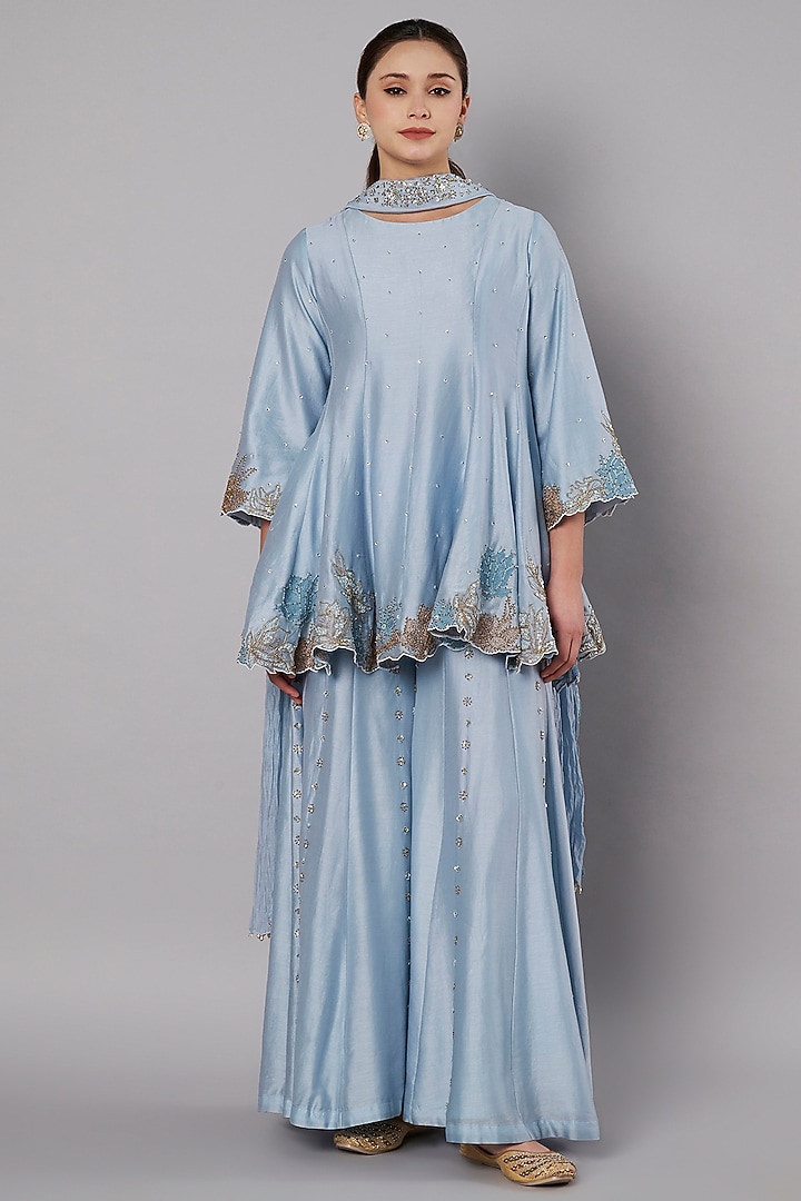 Dusty Blue Chanderi Wedding Sharara Set by Saahiil Kapoor at Pernia's Pop Up Shop