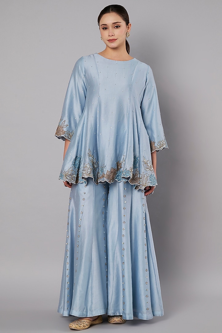Dusty Blue Chanderi Wedding Sharara Set by Saahiil Kapoor at Pernia's Pop Up Shop