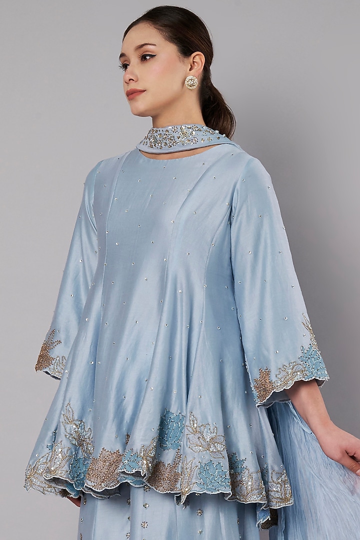 Dusty Blue Chanderi Wedding Sharara Set by Saahiil Kapoor at Pernia's Pop Up Shop