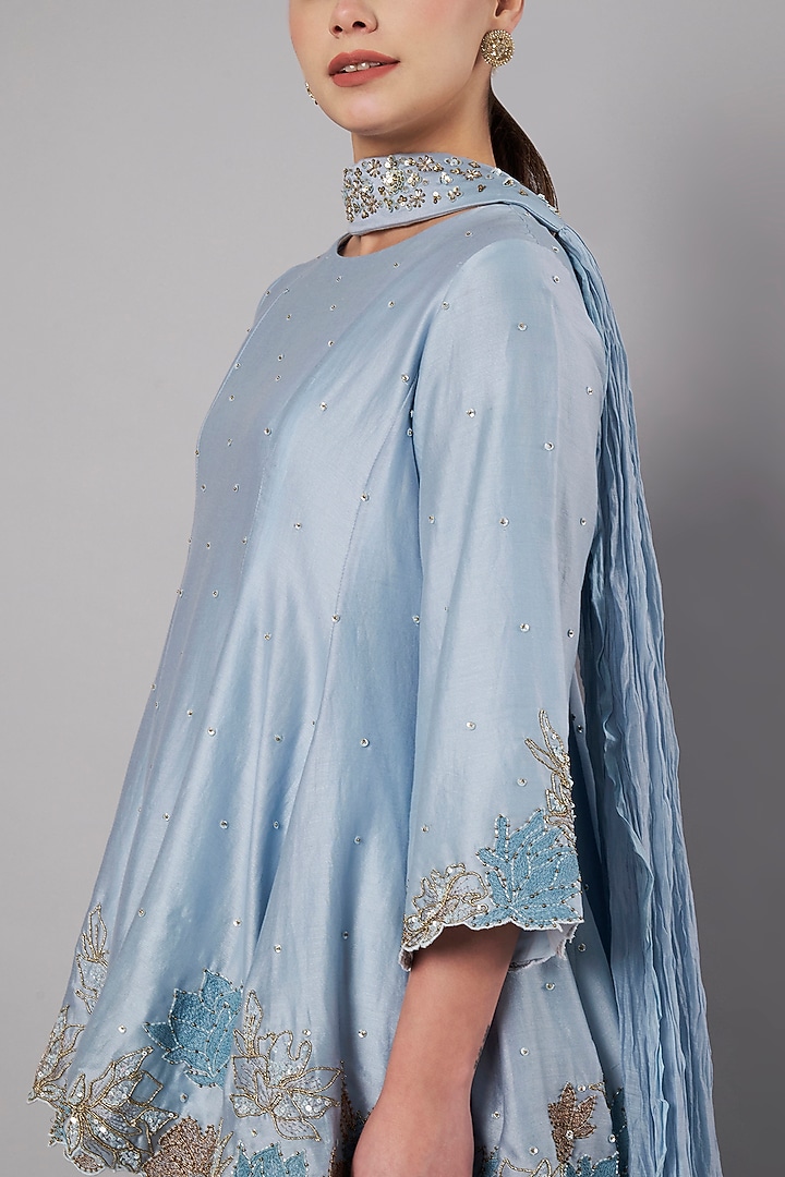 Dusty Blue Chanderi Wedding Sharara Set by Saahiil Kapoor at Pernia's Pop Up Shop