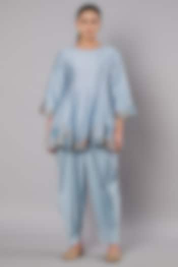 Dusty Blue Chanderi Hand Embroidered Short Kurta Set Set by Saahiil Kapoor at Pernia's Pop Up Shop