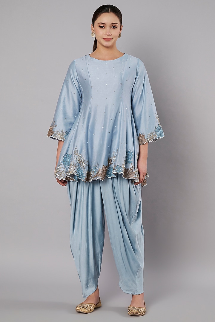 Dusty Blue Chanderi Hand Embroidered Short Kurta Set Set by Saahiil Kapoor at Pernia's Pop Up Shop