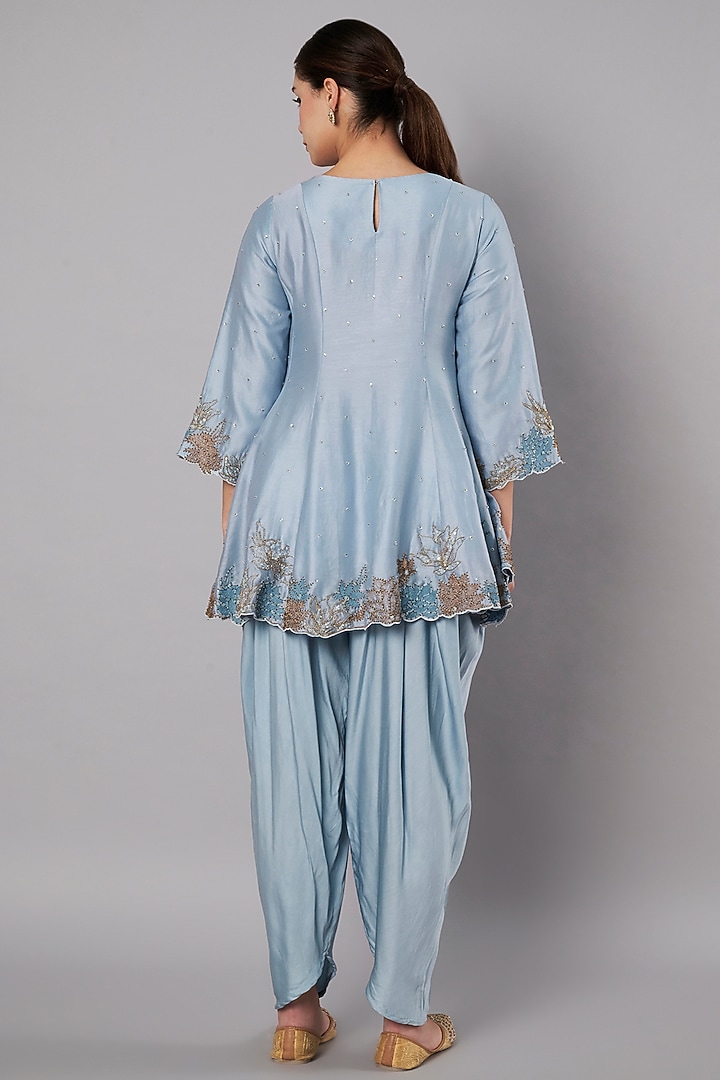 Dusty Blue Chanderi Hand Embroidered Short Kurta Set Set by Saahiil Kapoor at Pernia's Pop Up Shop