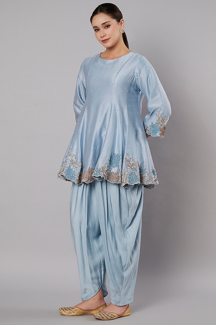 Dusty Blue Chanderi Hand Embroidered Short Kurta Set Set by Saahiil Kapoor at Pernia's Pop Up Shop