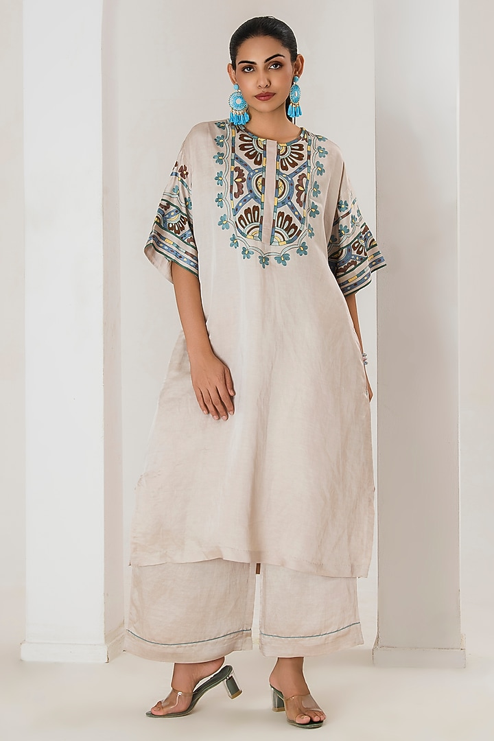 Beige Linen Satin Aari Embroidered Co-Ord Set by Saahiil Kapoor at Pernia's Pop Up Shop