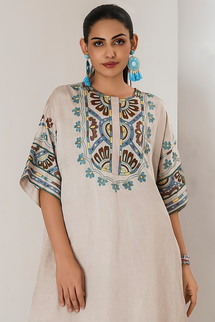 Beige Linen Satin Aari Embroidered Co-Ord Set by Saahiil Kapoor at Pernia's Pop Up Shop