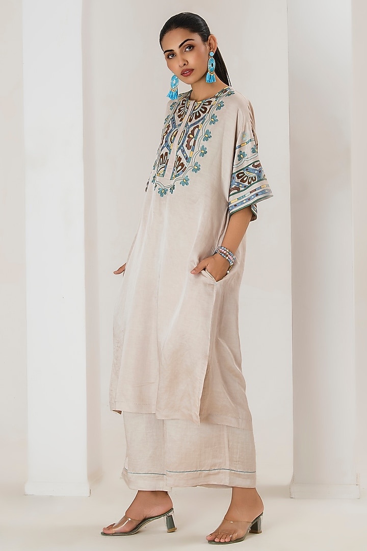 Beige Linen Satin Aari Embroidered Co-Ord Set by Saahiil Kapoor at Pernia's Pop Up Shop
